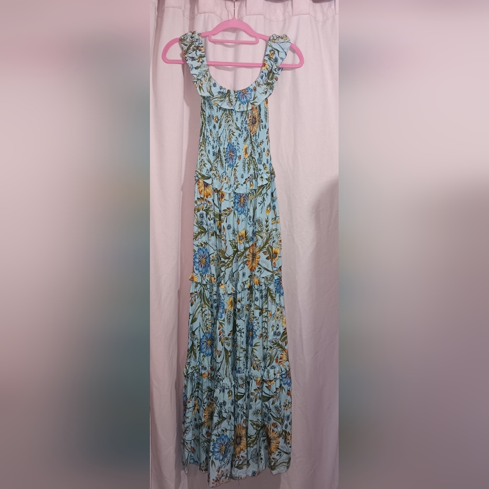 Light Blue Floral Ruffle Strap Maxi Dress